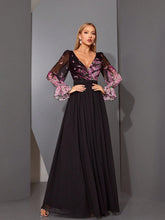 MgiacyV-Neck Romantic Floral-Print Asymmetrical Cross-Over Pleated Chiffon Long Sleeve Dress